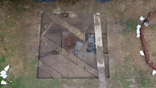 An aerial shot of the ongoing archaeological site in Colonial Williamsburg.