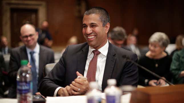 Federal Communication Commission Chairman Ajit Pai prepares to testify before the Senate Financial Services and General Government Subcommittee about his FY2020 budget requests in the Dirksen Senate Office Building on Capitol Hill May 07, 2019 in Washington, DC.