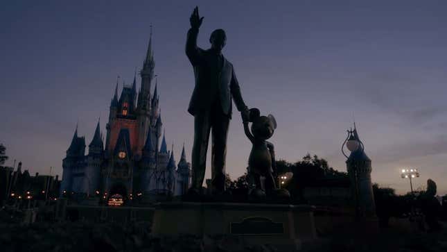 A shot of Walt Disney and Mickey Mouse’s statues.