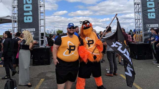 Overwatch League fans Kyle Branson and Rob Flanagan at the Overwatch League Grand Finals fan event. (Not the real Gritty.)