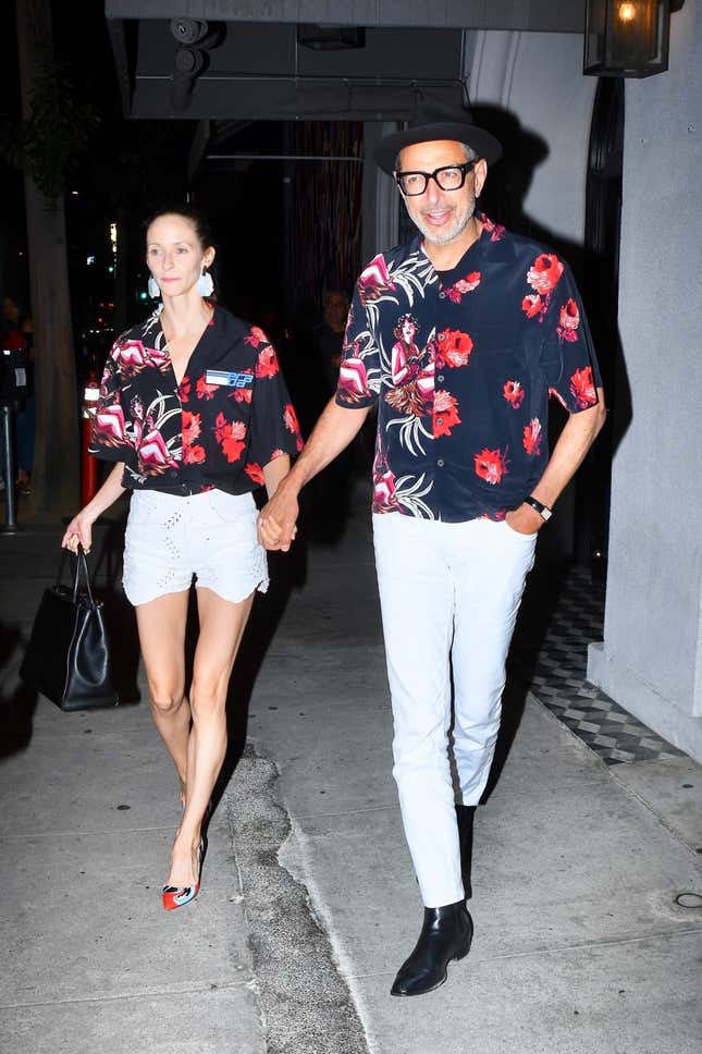 Image for article titled I Remain Puzzled by Jeff Goldblum and Emilie Livingston's Matching Date-Night Shirts