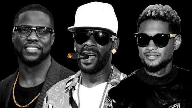 Kevin Hart, R. Kelly and Usher (photo Illustration by Elena Scotti/The Root/GMG; photos via Getty Images)