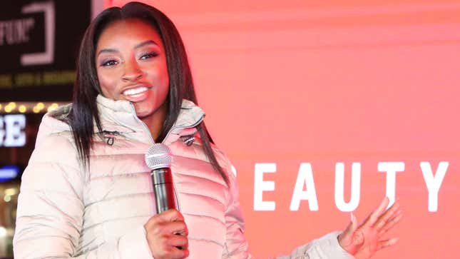 Olympic Gymnast Simone Biles appears in Times Square for SK-II Beauty Campaign on March 03, 2020 in New York City.