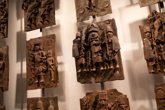 Plaques that form part of the Benin Bronzes are displayed at The British Museum on November 22, 2018 in London, England. 