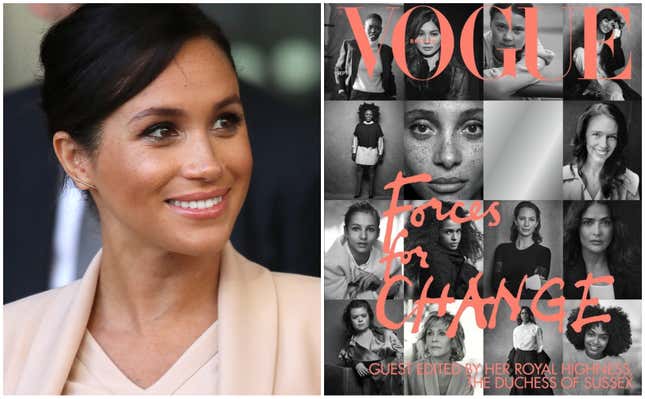 Meghan, Duchess of Sussex on January 30, 2019 in London, England (left); British Vogue’s September 2019 issue.