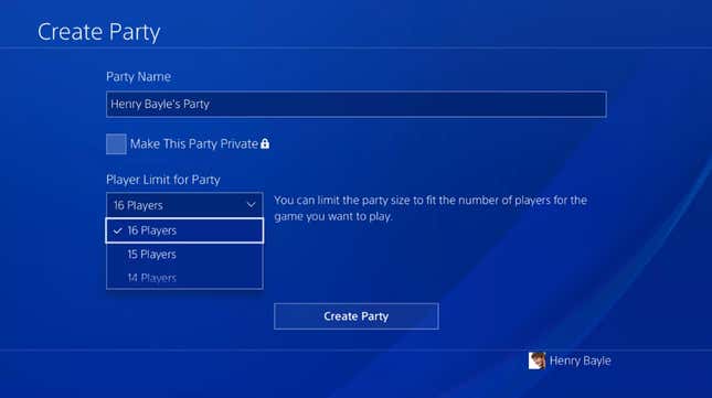 The new 16-person party option being tested for PS4. 