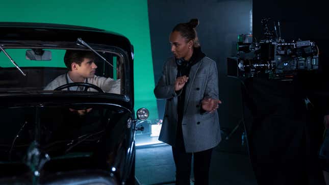 David Corenswet (left) and Janet Mock on the set of Hollywood (2020).