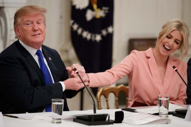 Donald and Ivanka Trump during a meeting with the American Workforce Policy Advisory Board inside the State Dining Room of the White House on March 6, 2019.