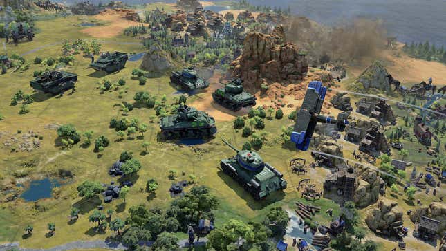 A unit of tanks and armored vehicles on the world map in Civilization VII.