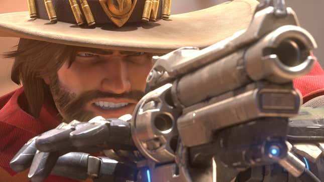 A cowboy with a mechanical arm aims a large pistol.