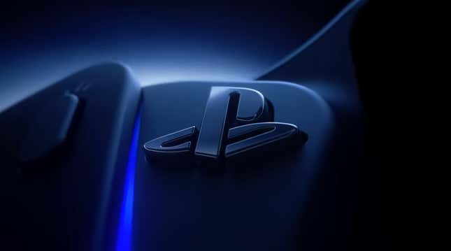 A PlayStation logo appears on a black DualSense controller. 