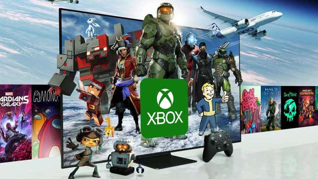 A promotional image shows Master Chief and a bunch of Game Pass games. 