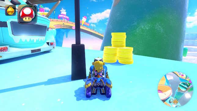 Pricness Peach sits in a kart in a snowy environment.