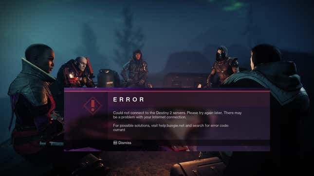 Destiny 2 characters sit around a campfire of currant errors.