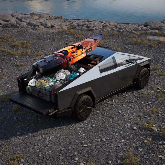 An image of a Cybertruck parked by a lake filled with camping, climbing, and kayaking gear with a kayak on top.