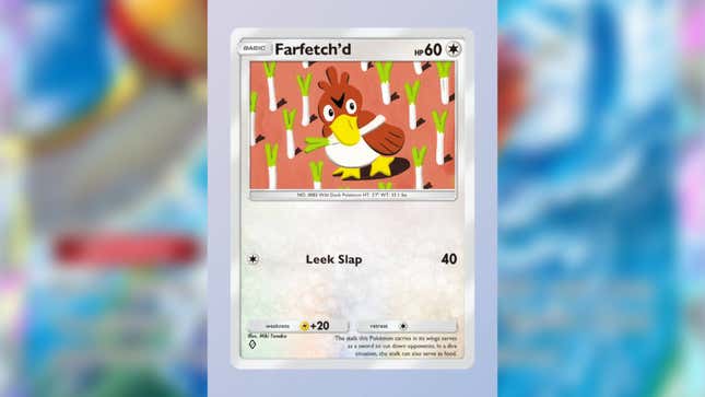 El Pokémon con forma de pato Farfetch’d lleva un puerro en la boca.