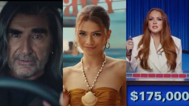 From left to right: Eugene Levy, Zendaya, and Lindsay Lohan, appearing in ads for Nissan, SquareSpace, and Planet Fitness, respectively (Screenshots)