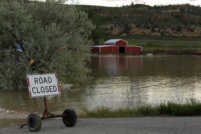 Floodwaters are seen along the Clarks Fork Yellowstone River near Bridger, Mont., on Monday, June 13, 2022. 