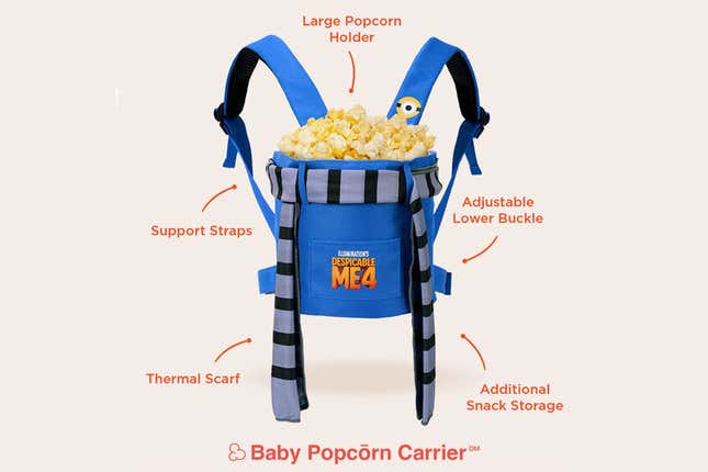 A Despicable Me 4-themed popcorn bucket that looks like a baby carrier.