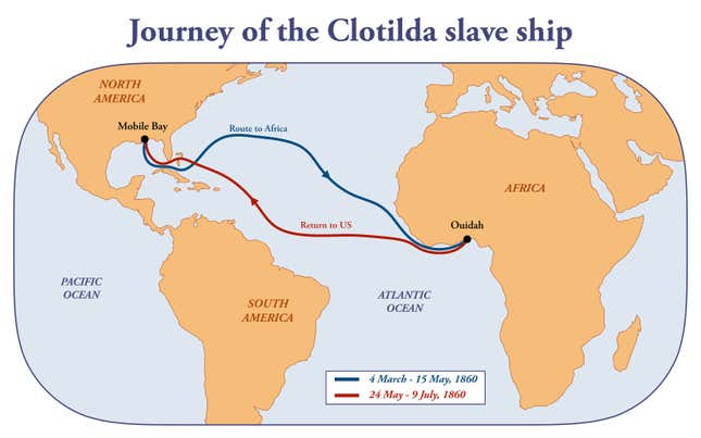 Map with the journey of the Clotilda, the last American slave ship
