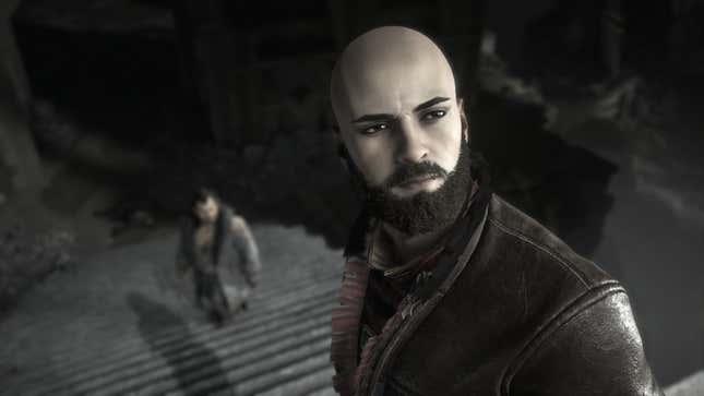 Rook looks at something off-screen with Varric behind him.
