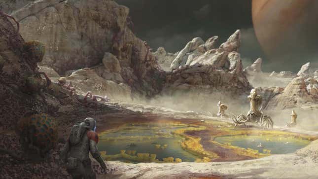 An image shows an astronaut exploring an alien world. 