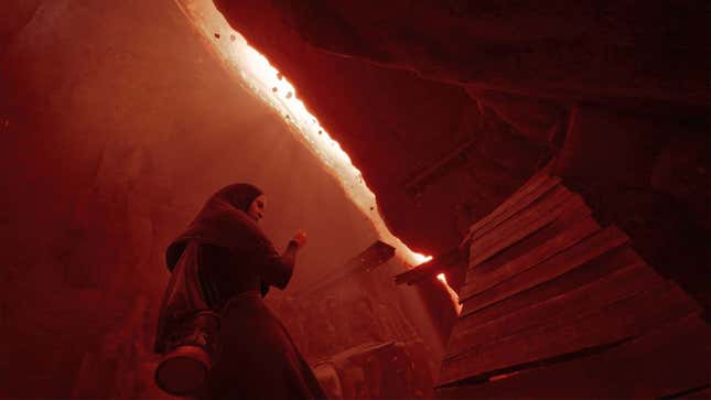 A nun prays while the ceiling above her cracks open, bathing the room in red light