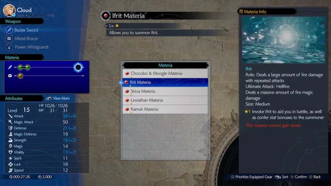 A screenshot of a main menu in Final Fantasy VII Rebirth shows materia being equipped.