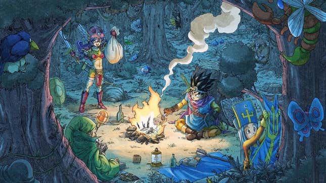 Dragon Quest 3 fighters sit down by a camp fire. 