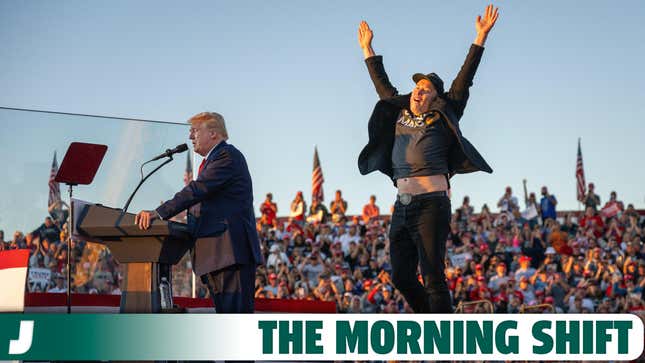 Tesla CEO Elon Musk (R) jumps on stage as he joins former US President and Republican presidential candidate Donald Trump during a campaign rally at site of his first assassination attempt in Butler, Pennsylvania on October 5, 2024.