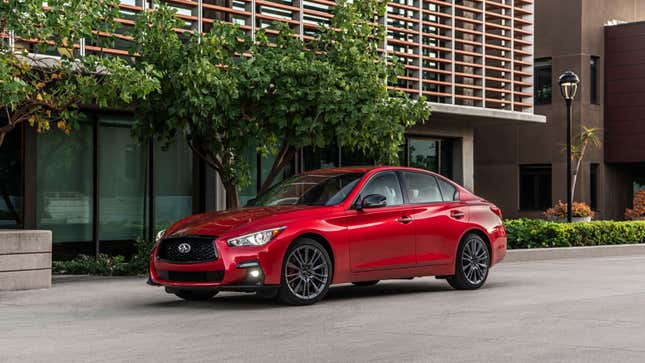 A photo of a red Infiniti Q50 sedan. 