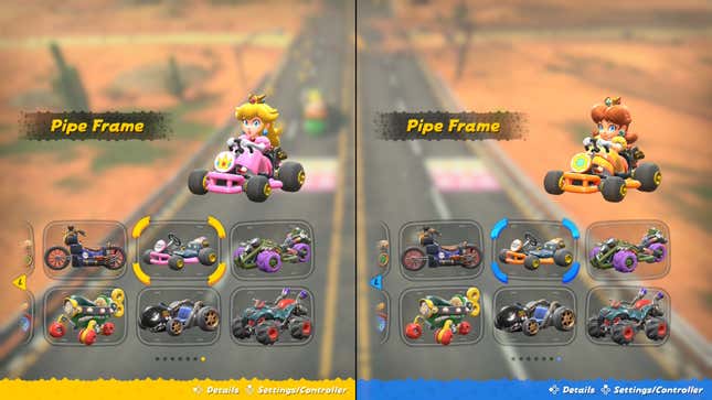 Peach and Daisy in pink and orange Pipe Frames.