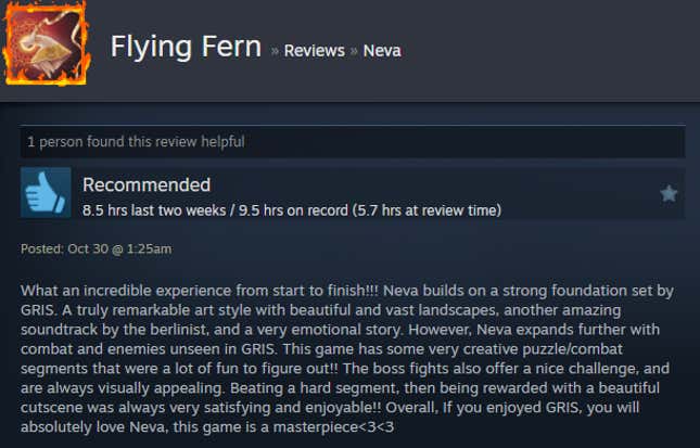 A screenshot shows a Steam user review from Neva.