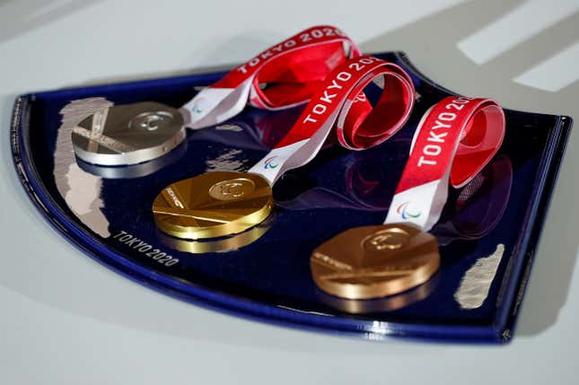 A medal tray that will be used for the victory ceremonies of the Tokyo 2020 Olympic and Paralympic Games is displayed during the unveiling event at Ariake Arena in Tokyo, Japan June 3, 2021.
