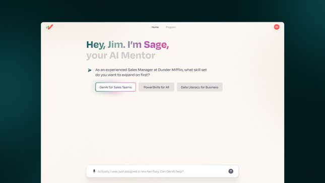 A screenshot of Workera's Sage that says "Hey, Jim. I'm Sage, your AI Mentor" and prompts the users to interact