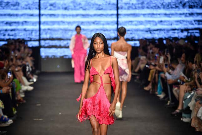  A model walks the runway during the Led fashion show as part of the Sao Paulo Fashion Week N56 on Nov. 12, 2023, in Sao Paulo, Brazil.