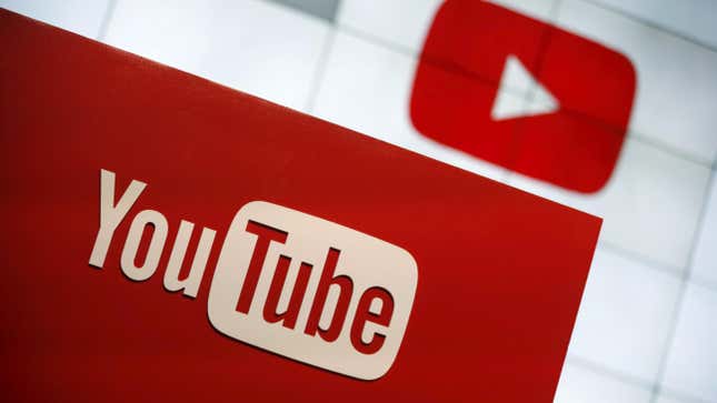 The YouTube logo is seen during an event in Los Angeles, California.