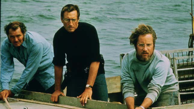 Robert Shaw, Roy Scheider, and Richard Dreyfuss on a boat in Jaws