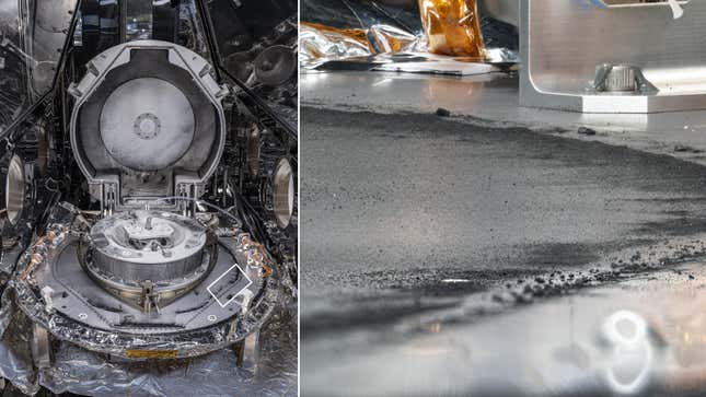 The sample canister (left) with inset (right) showing asteroid dust.