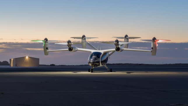 Joby’s all-electric, vertical take-off and landing aircraft primed for flight at the company’s manufacturing and flight testing facility in Marina, California.