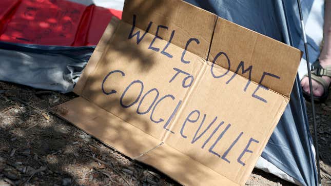 A sign from a San Jose protest in 2017 reads “Welcome to Googleville,” calling for the city to build affordable housing to offset a new Google campus.