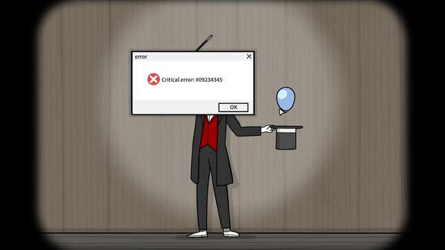 An error message pops up in front of Mr Rabbit on stage.
