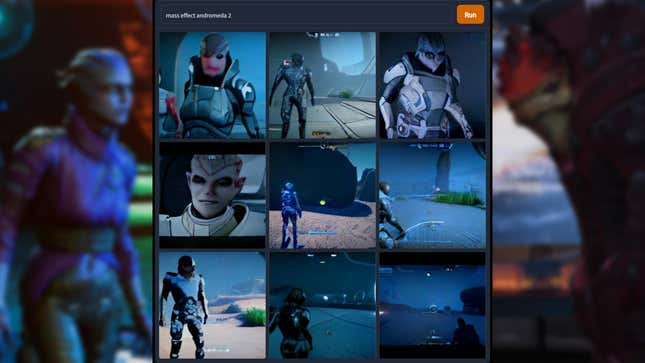 A series of images depicts surrealist AI-generated screenshots of a hypothetical sequel to Mass Effect: Andromeda