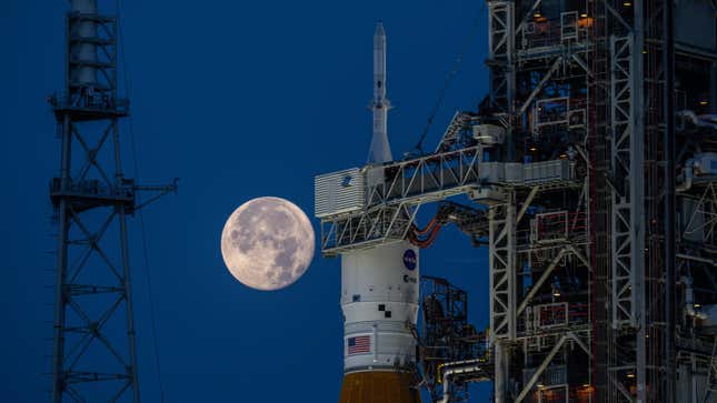 A full Moon is in view from Launch Complex 39B at NASA’s Kennedy Space Center in Florida on June 14, 2022.