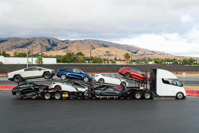 A Tesla Semi truck pulled a trailer filled with other Tesla vehicles