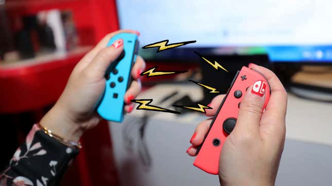 Hands hold a pair of Joy-Cons with illustrated lightning bolts between them meant to suggest the unfathomable power of MAGNETS.