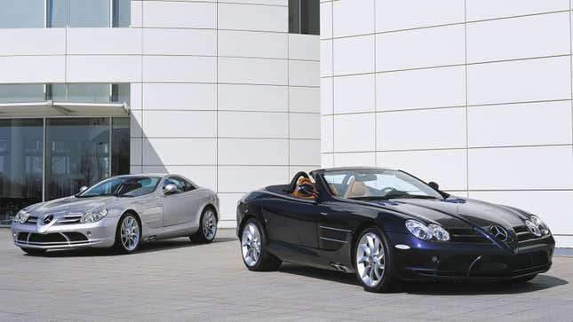 Two Mercedes Mclaren SLR hypercars parked. 