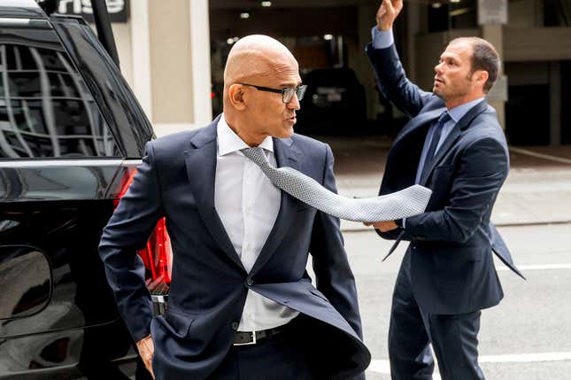 File - Microsoft CEO Satya Nadella arrives at the Phillip Burton Federal Building and U.S. Courthouse on June 28, 2023, in San Francisco. Nadella marks his tenth year as Microsoft CEO on Sunday, Feb. 4, 2024, capping a decade of stunning growth as he pivoted the slow-moving software giant into a laser focus on cloud computing and artificial intelligence. (AP Photo/Noah Berger, File)