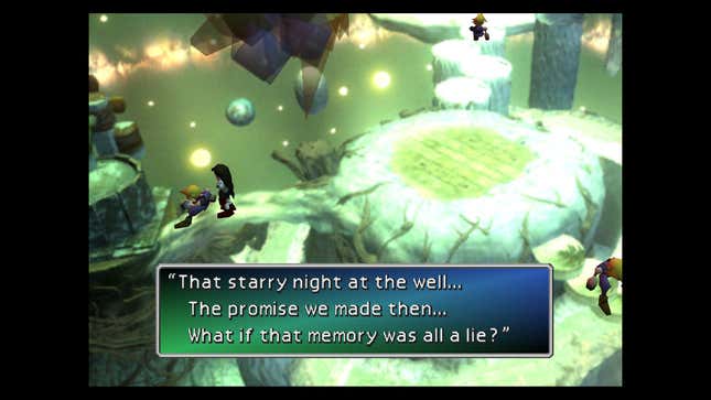Cloud questions if his memories are a lie in Final Fantasy VII.