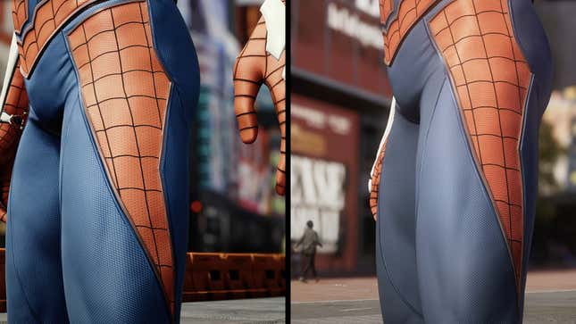 Side-by-side shots of Peter Parker's lower half in Spider-Man 1 and Spider-Man 2.